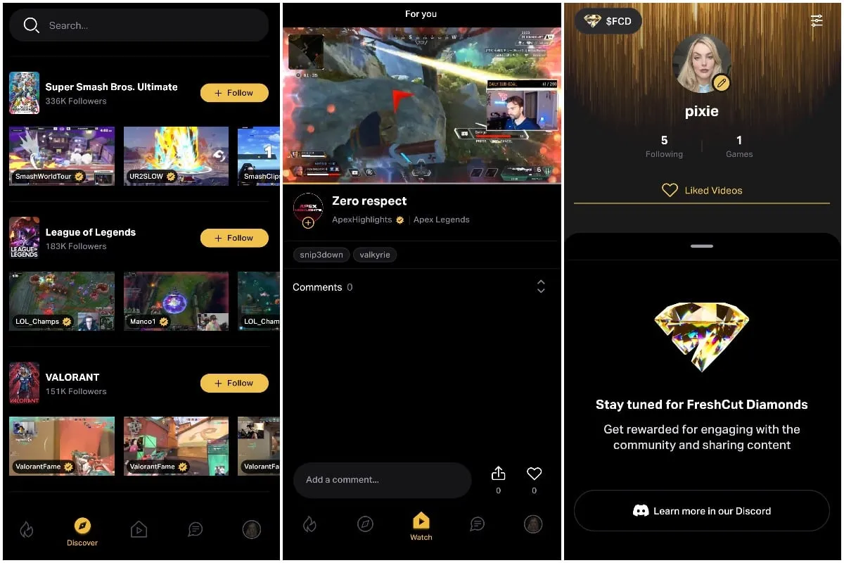 Three screenshots of the FreshCut app, which curates gaming clips. Black and gold UI.