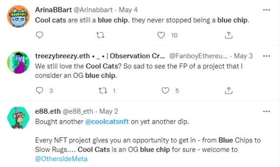 Tweets of three people calling Cool Cats a "blue chip" NFT at beginning of May 2022.