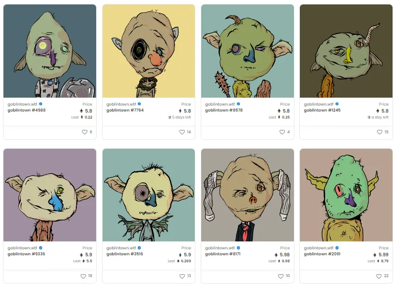 OpenSea screenshot showing 8 Goblintown NFT images, which have deformed heads, misshapen eyes and strange expressions.