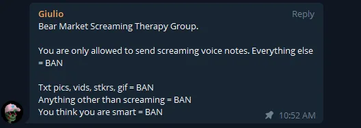 Mensaje de Telegram que dice: "Grupo de terapia de gritos del mercado bajista. Sólo se permite enviar notas de voz con gritos. Todo lo demás = BAN. Fotos de texto, vídeos, pegatinas, gifs = BAN. Todo lo que no sea gritar = BAN. Te crees muy listo = BAN.