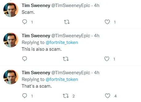 Sweeney hizo al menos 10 tuits en respuesta al "token de Fortnite" que califica de estafa. Imagen: Twitter.
