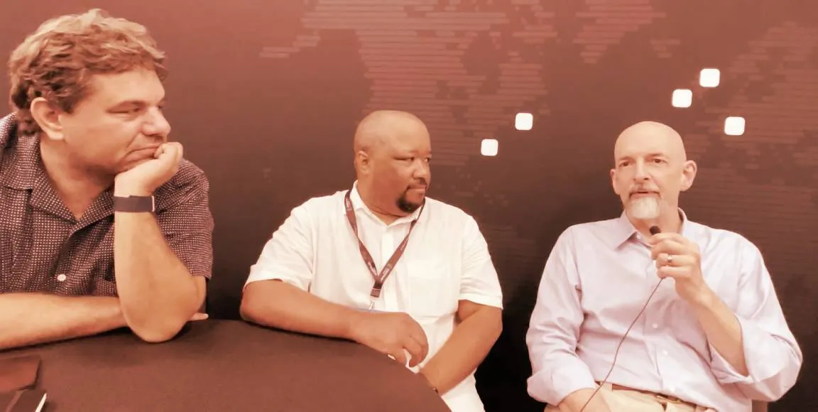 Peter Vessenes, Decrypt's Jason Nelson, and Neal Stephenson at Consensus 2022 in Austin, Texas