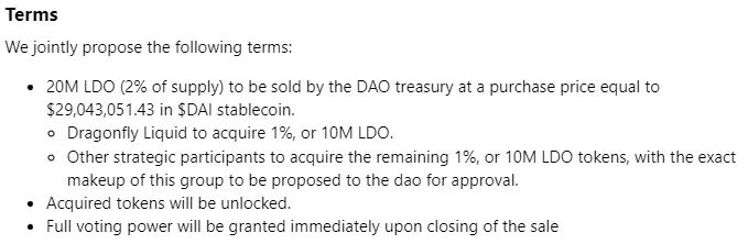 Text showing terms of a token purchase deal. 