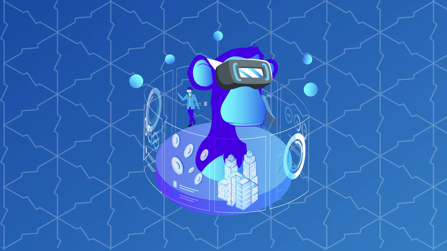 Metaverse image with an ape with augmented reality goggles.