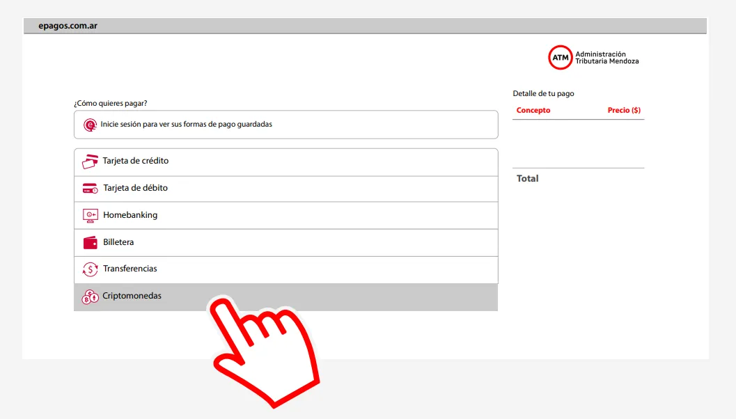 Captura de pantalla del portal de pago de impuestos que muestra la criptomoneda como opción de pago.