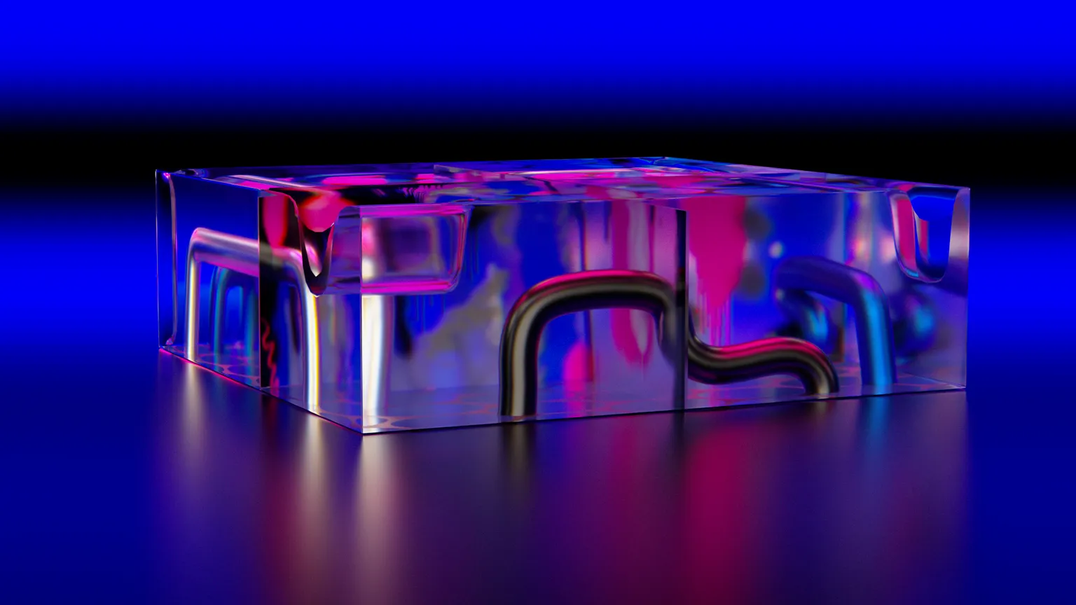 Image of blue and black gradient space with a 3D rendering of translucent rectangle, which has pipes inside it.