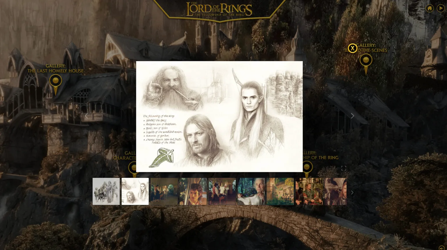 Image of photo gallery showing Lord of the Rings film photos and illustrated content.