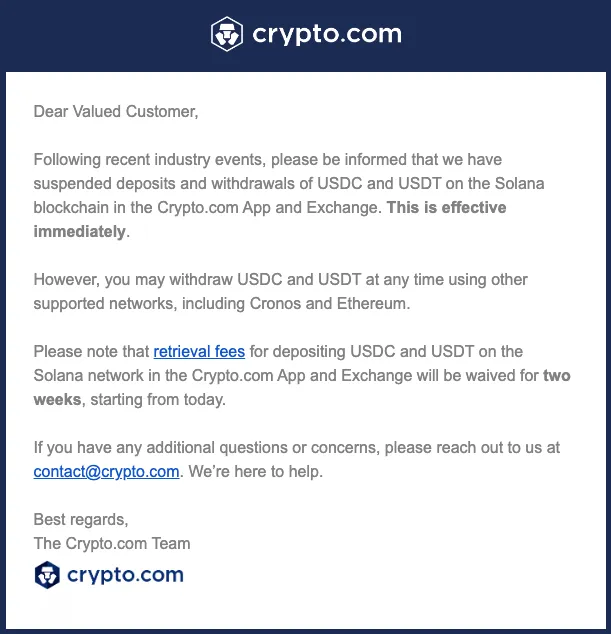 Screen shot of the email sent to Crypto.com customers.