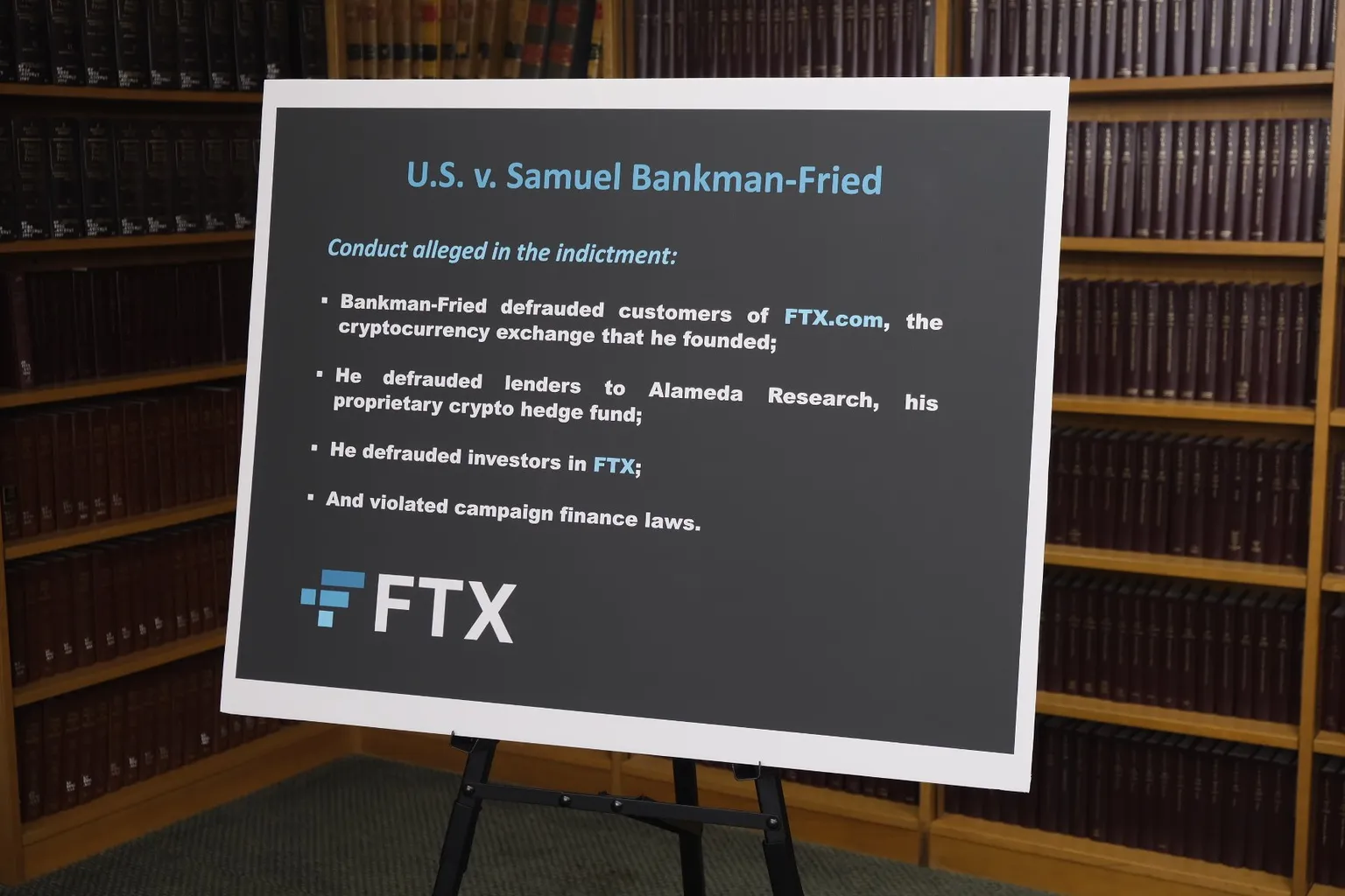A visual aide summarizing charges against Bankman-Fried.