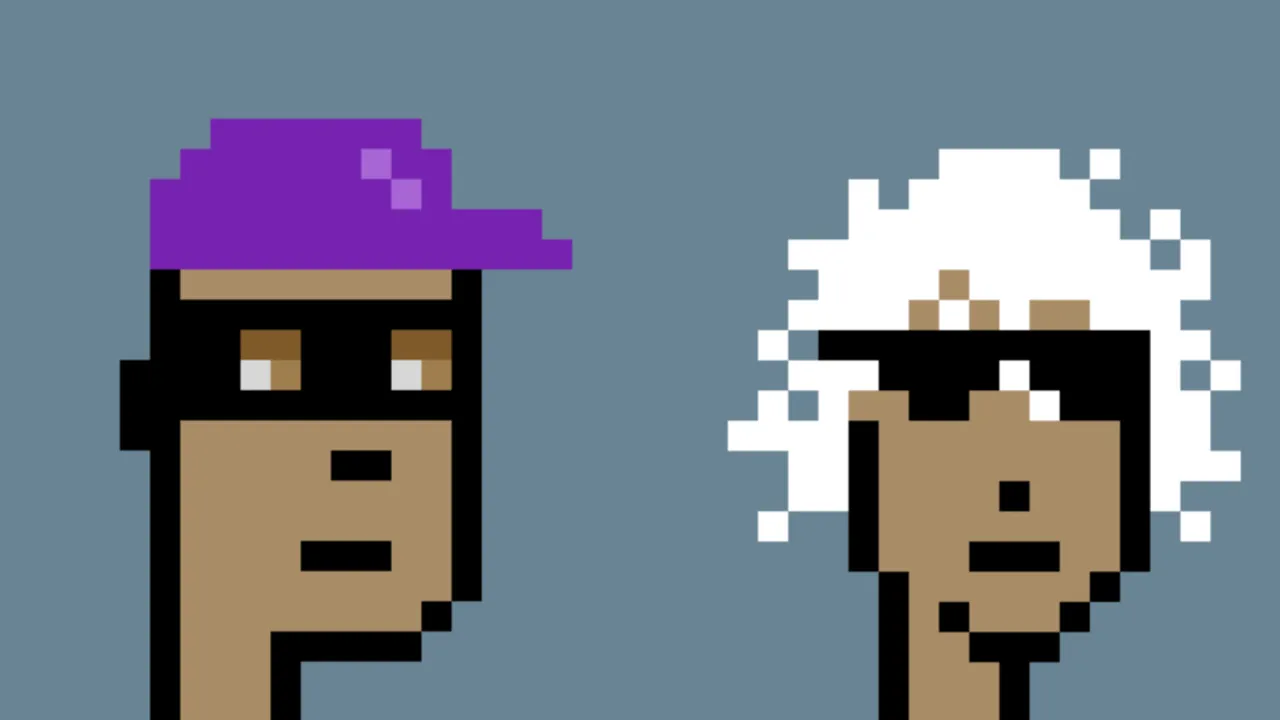 Fondo verde azulado con dos caras pixeladas de dos CryptoPunk NFT. Uno lleva un sombrero morado y el otro tiene el pelo blanco.