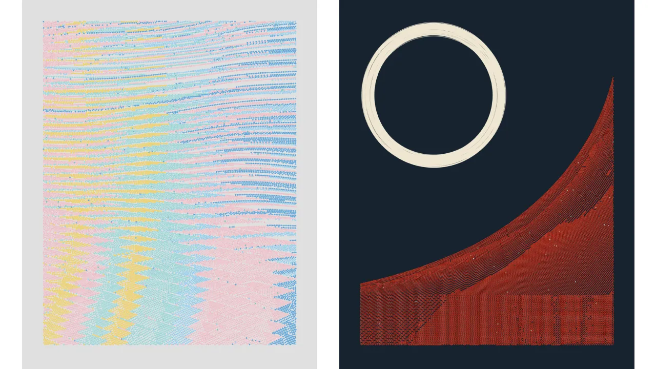 Two QQL images, one pastel abstract art and one artwork with navy background, white circle and red mountain.