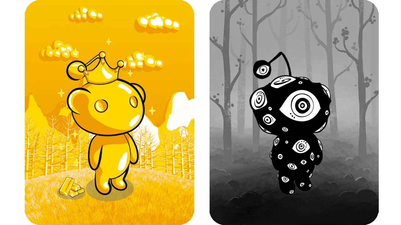 Two digital artworks depicting small humanoid aliens with rounded features. One on the left is all gold and appears to be on a trading card. One on the right is black and white with eyes all over its body and appears to also be on a trading card.