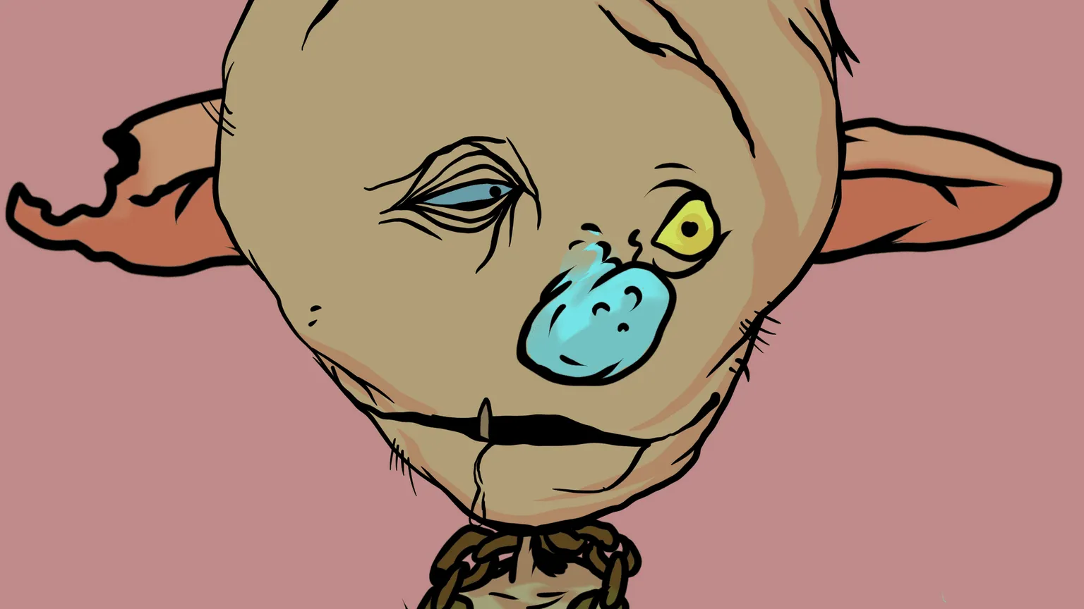 Close up illustration of a goblin's face. Very ugly. Blue nose, lazy eyes, and drooling expression.