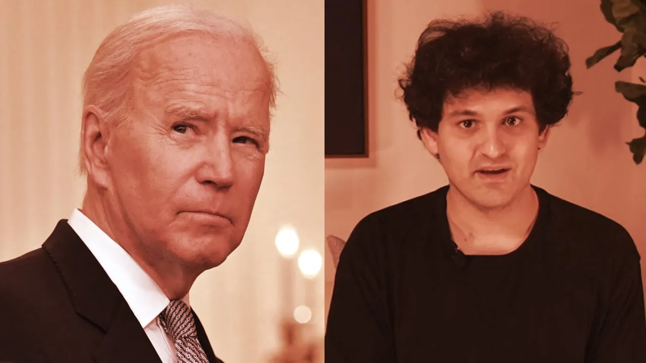 President Joe Biden (left) and Sam Bankman-Fried (right). Photos: Shuttersock, Dealbook Summit/Screenshot