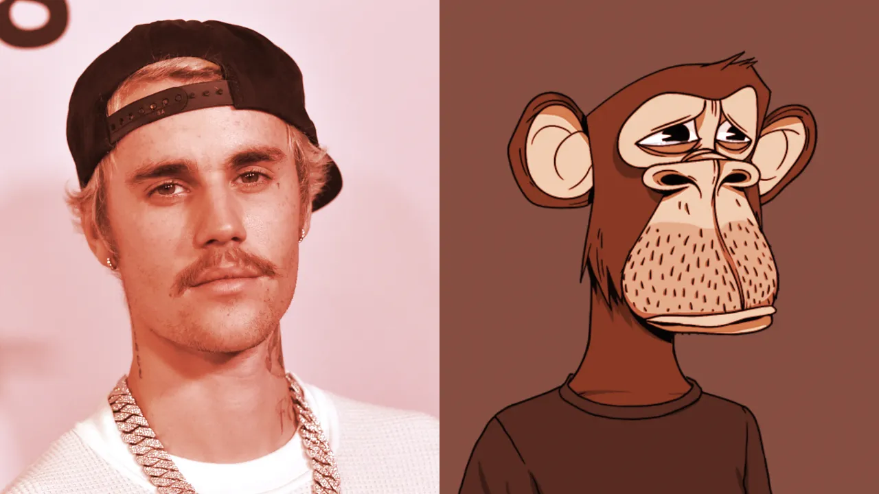 Justin Bieber and his Bored Ape Yacht Club NFT. Image: Shutterstock/Yuga Labs