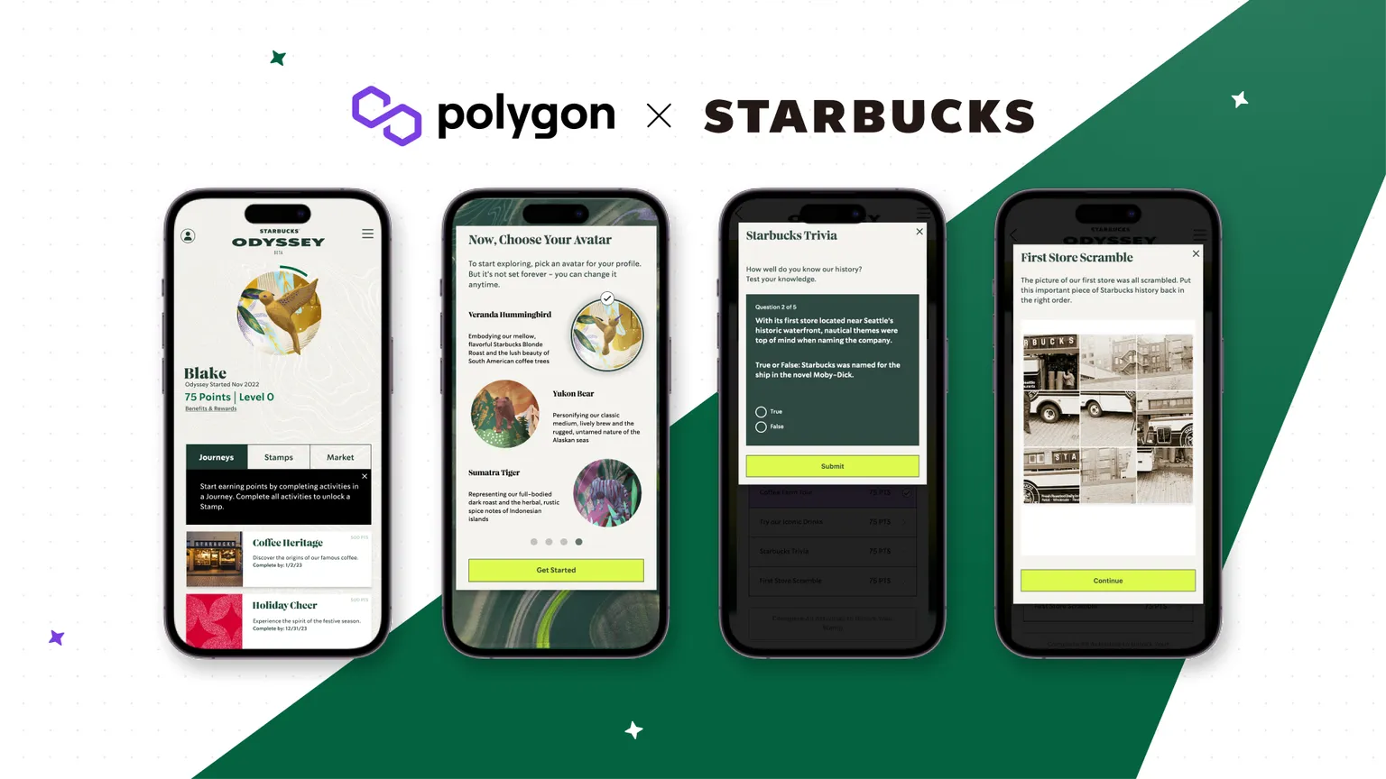 Capturas de pantalla de la aplicación Starbucks Odyssey. Imagen: Polygon
