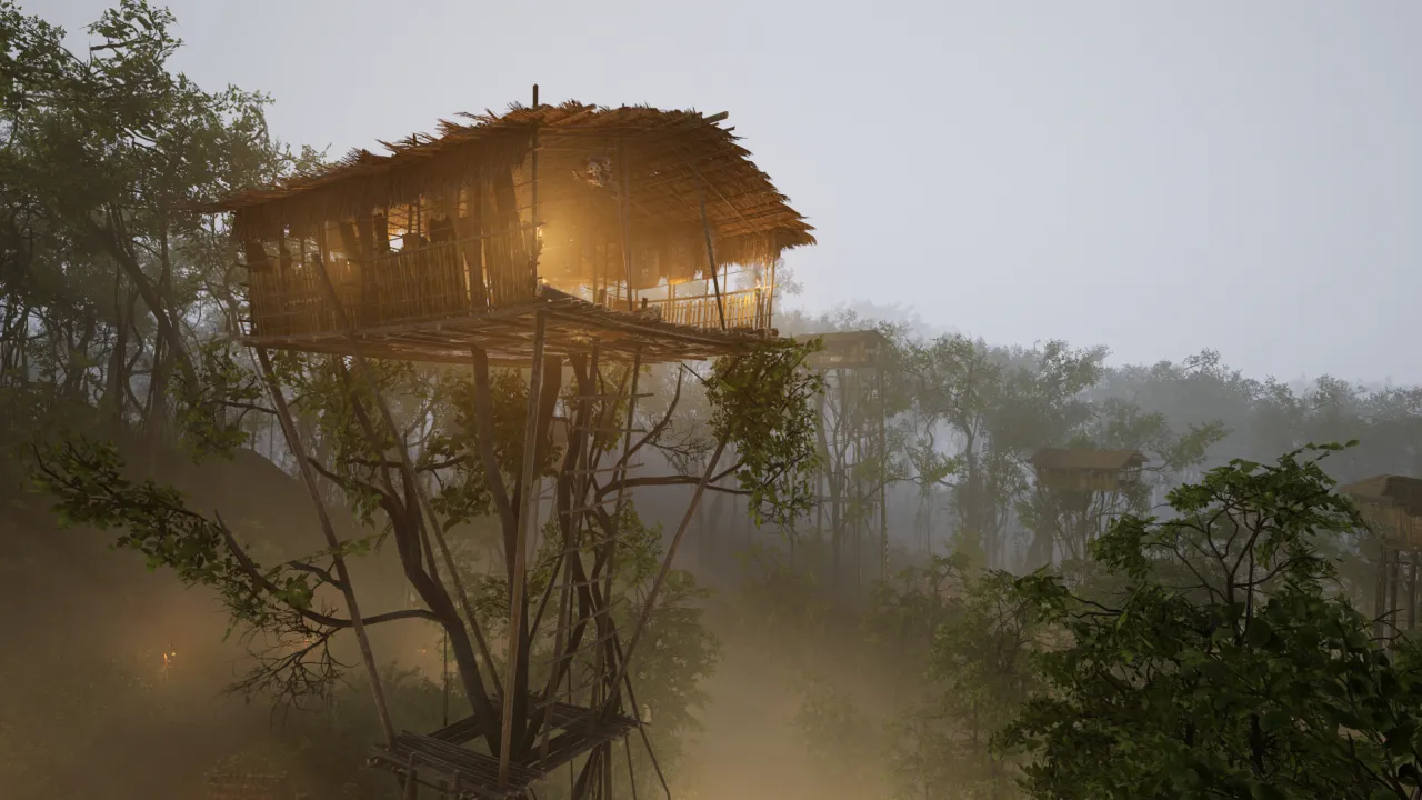 Computer generated image of a treehouse above the jungle.