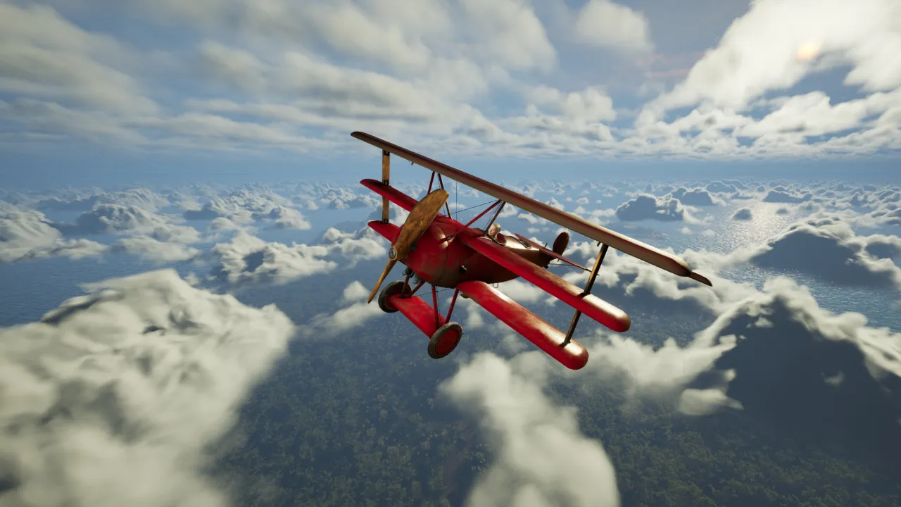 Triplane flying above clouds 
