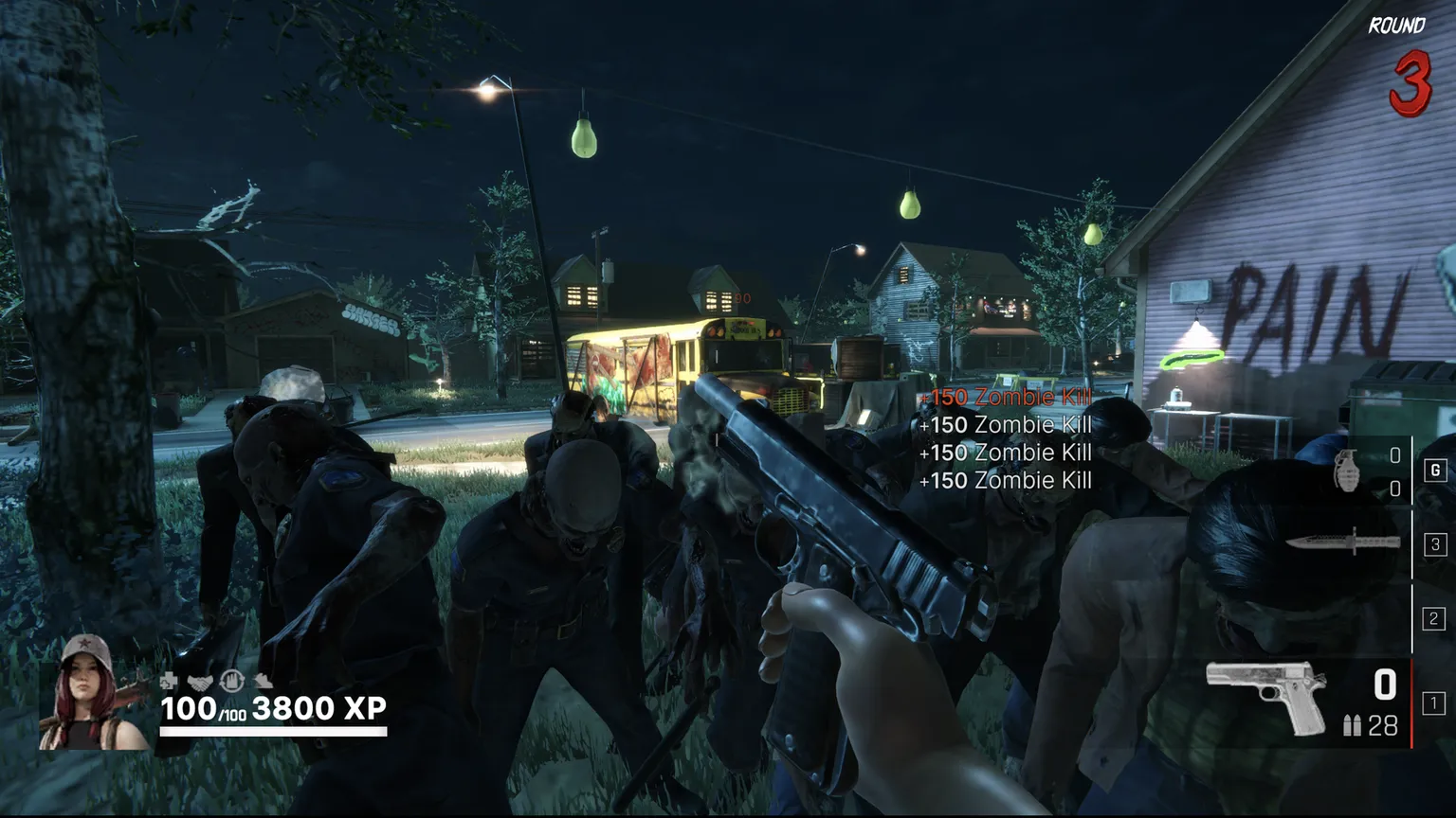 Screenshot of Undead Blocks game showing horde of zombies surrounding first-person POV player, who's holding a handgun.
