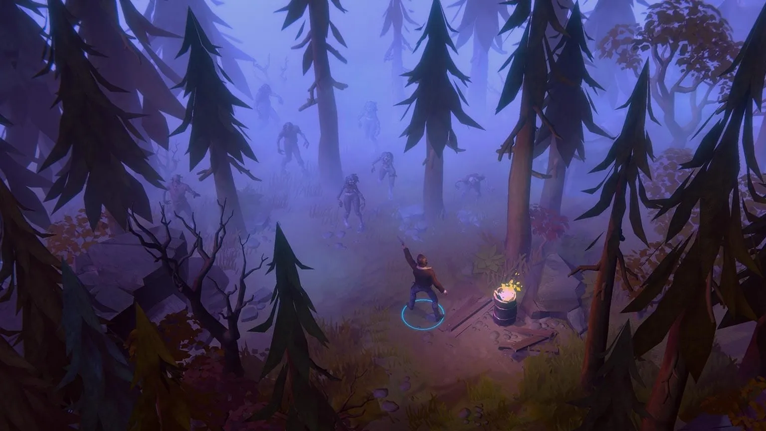 game still image showing man in misty forest at night with a campfire. He aims a gun at a group of zombies emerging from trees.