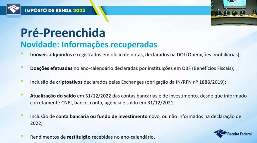 Presentación Impuesto de Renta Brasil 2023 mostrando datos de criptomonedas. Imagen: Receita Federal