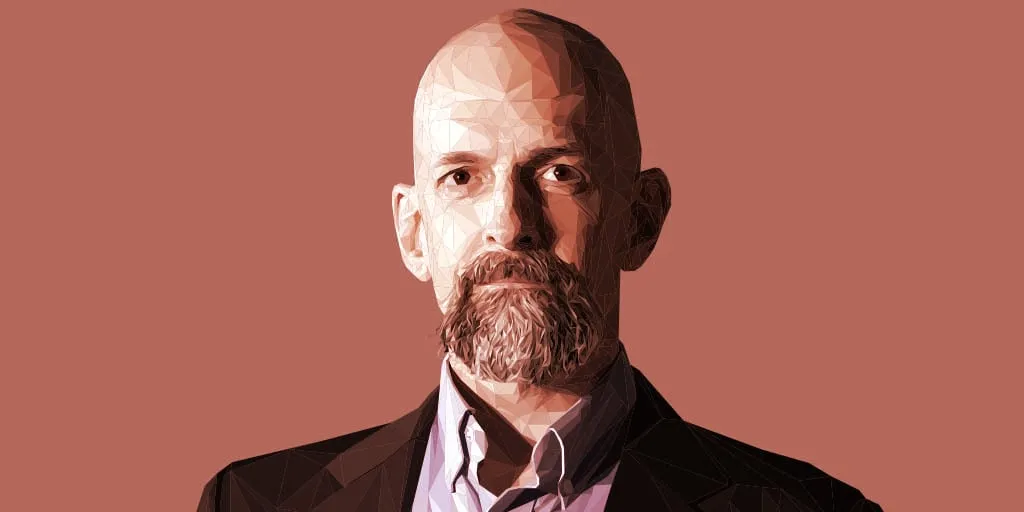 Neal Stephenson on Decrypt's gm podcast. (Illustration by Grant Kempster)