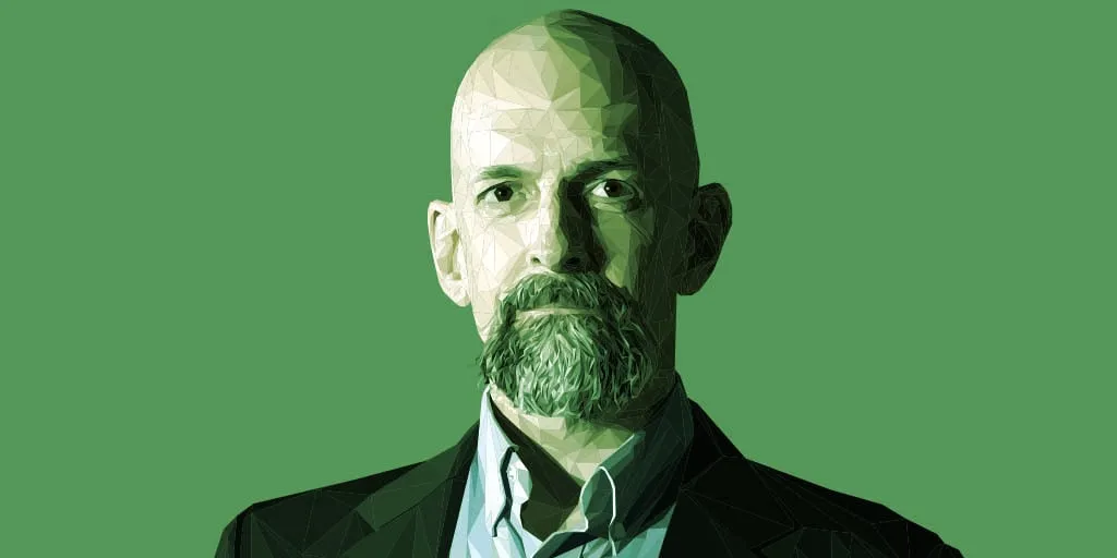 Neal Stephenson on Decrypt's gm podcast. (Illustration by Grant Kempster)