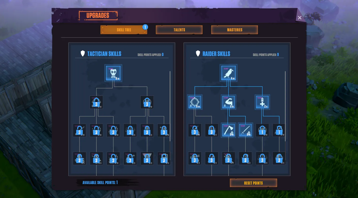 Screenshot showing skill tree grids in Walking Dead Empires game.