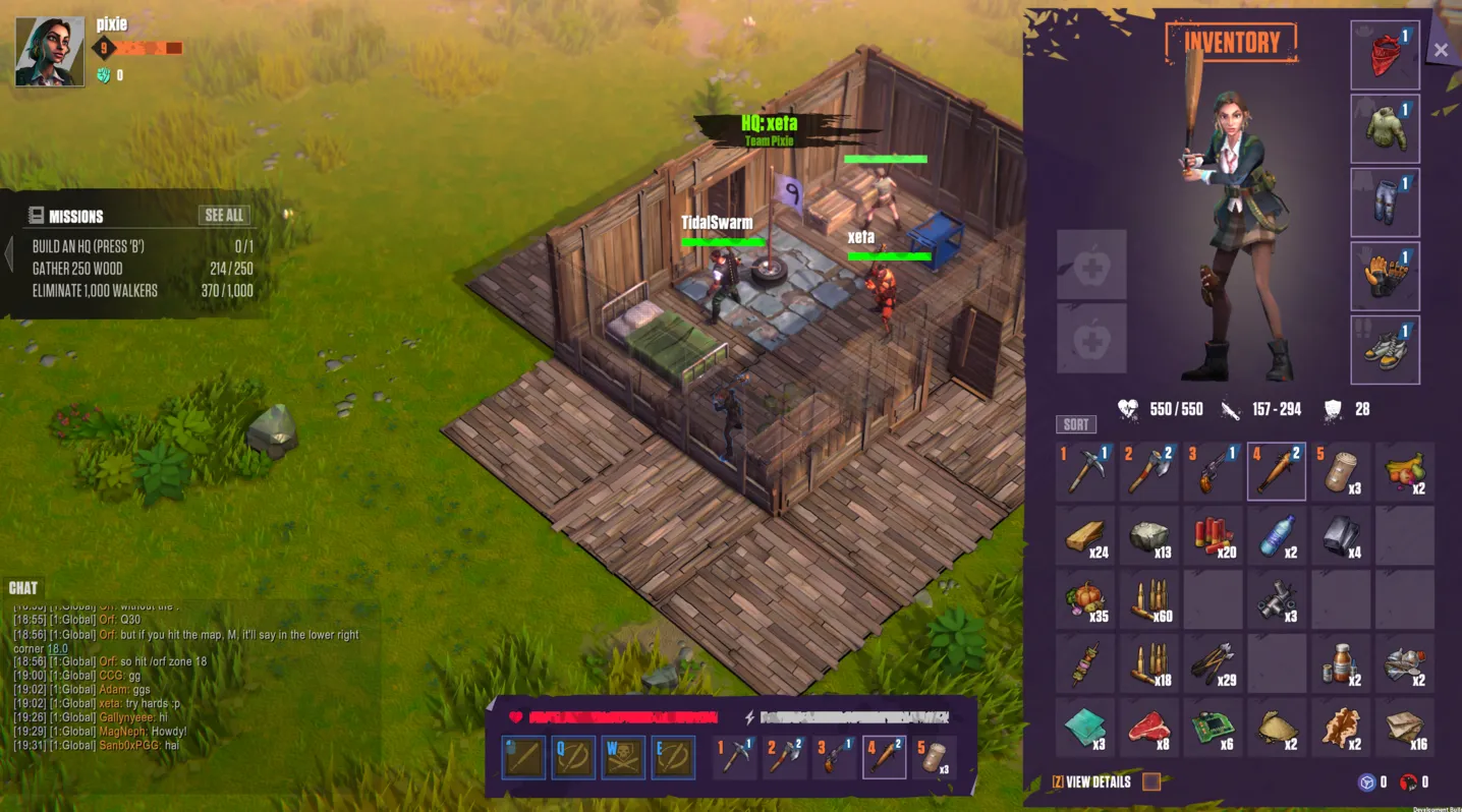 Ảnh chụp màn hình từ trò chơi Empire of the Walking Dead hiển thị góc nhìn thứ ba, cánh đồng cỏ và cấu trúc ngôi nhà nhỏ với menu nhân vật và kho nhân vật.
