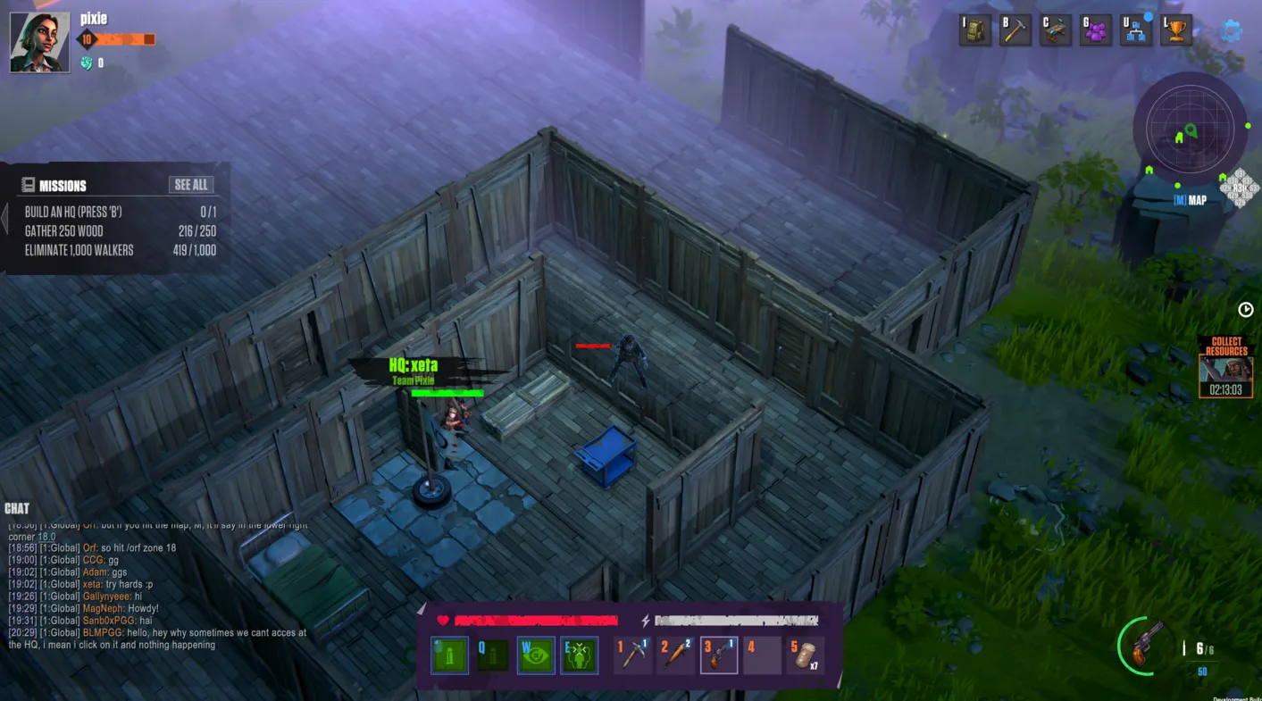 screenshot from Walking Dead Empires game showing wooden fort-like walls and wooden flooring with dark and foggy weather.