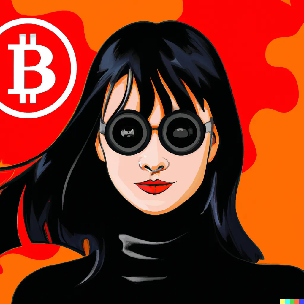 caricatura de una mujer representando a Satoshi Nakamoto, creador de Bitcoin.