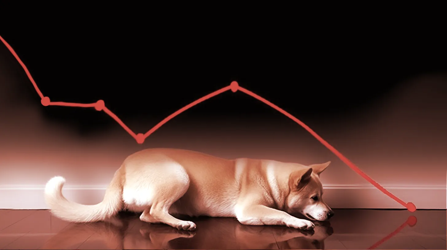 Un shiba inu, mascota de Dogecoin, con un gráfico de precios cayendo. Imagen elaborada por Decrypt con IA