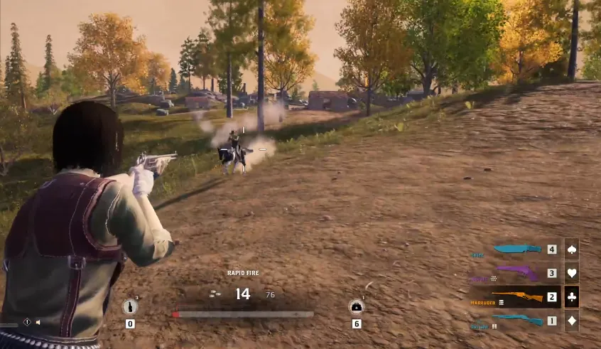 Captura de pantalla del juego Grit que muestra el POV en tercera persona de una mujer disparando un rifle a una persona a caballo.