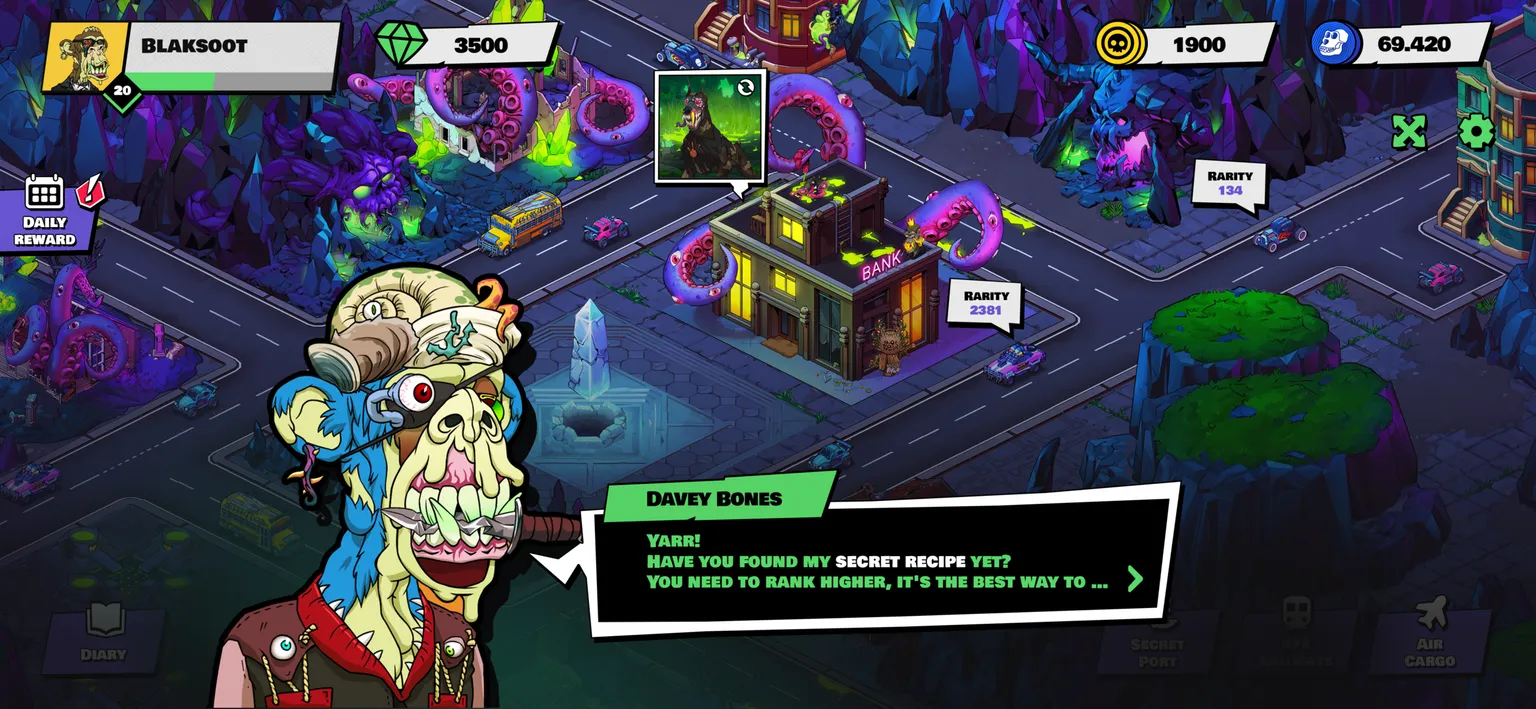 Game screenshot showing Mutant Ape NFT in Serum City game.