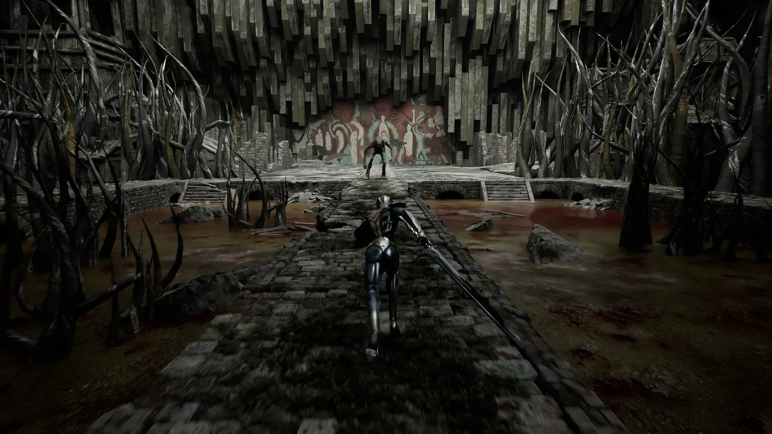 Screenshot showing third-person POV of a dark pathway as a humanoid figure runs toward a boss fight.