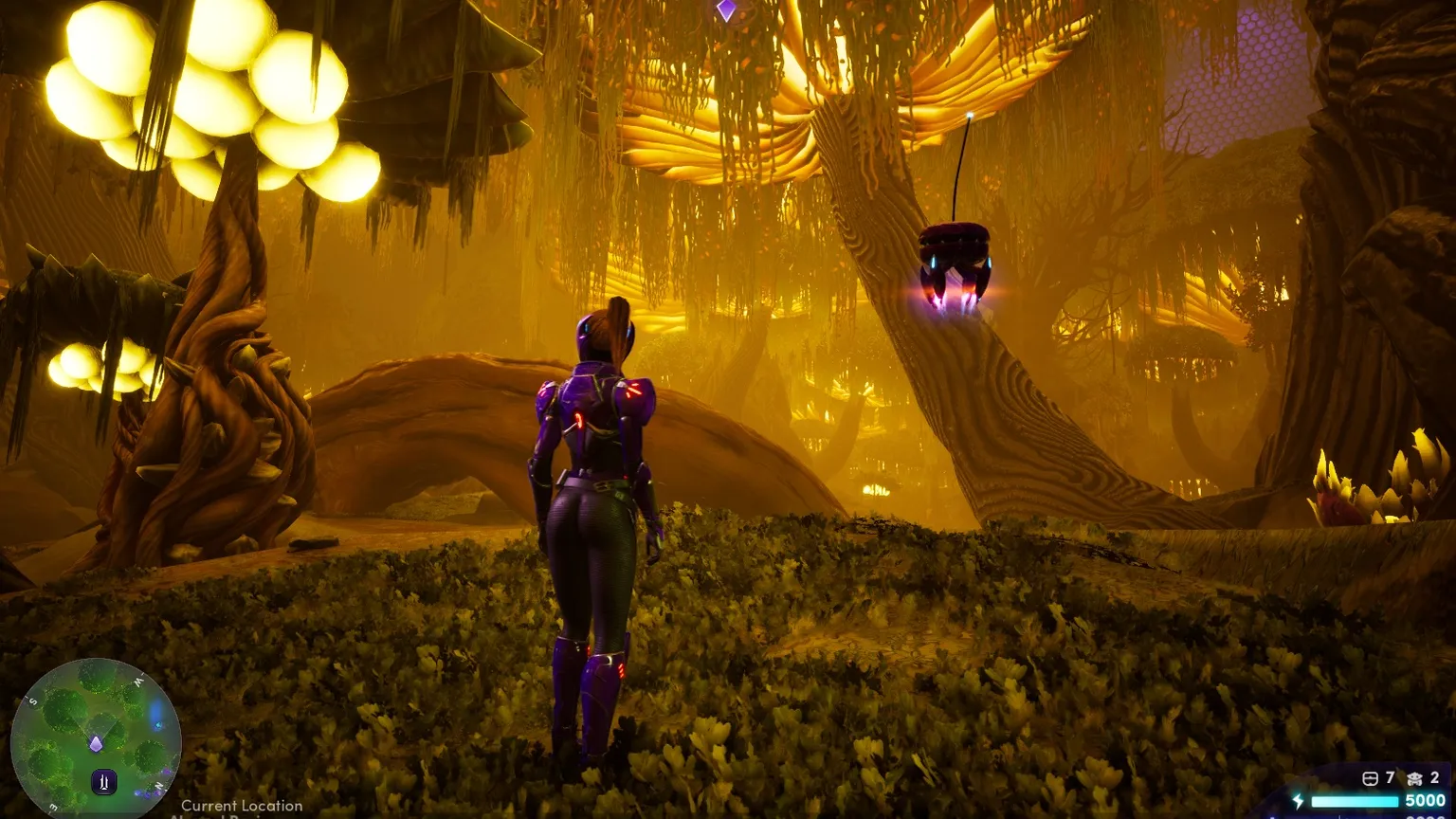 Screenshot of Illuvium Overworld showing character with floating drone in a grassy dark realm with golden light and tall mushrooms that are tree height.