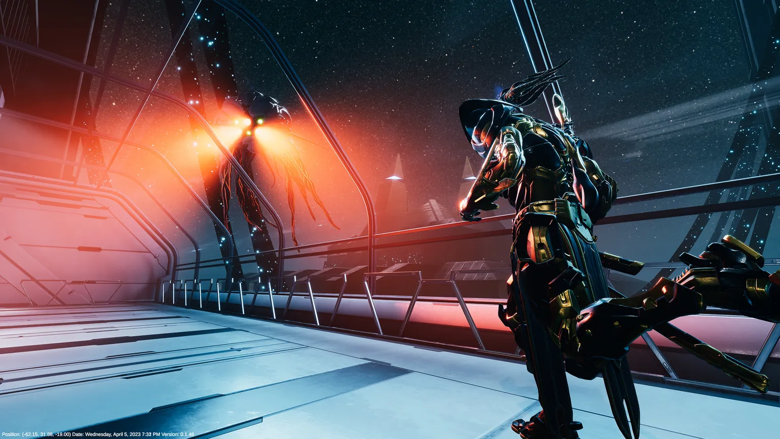 Unioverse Proving Grounds Screenshot showing Reyu in a dystopian scifi hallway with large robot drone with tentacles shining red light toward him.