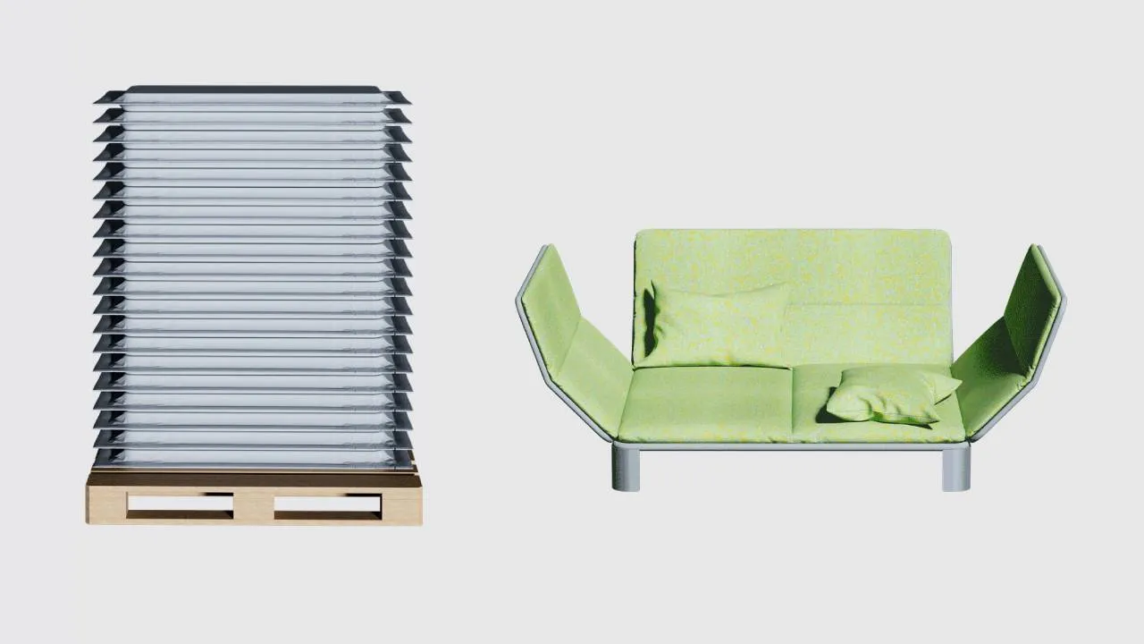 Folded sofas (left) and the unpacked sofa (right). Image: Space10