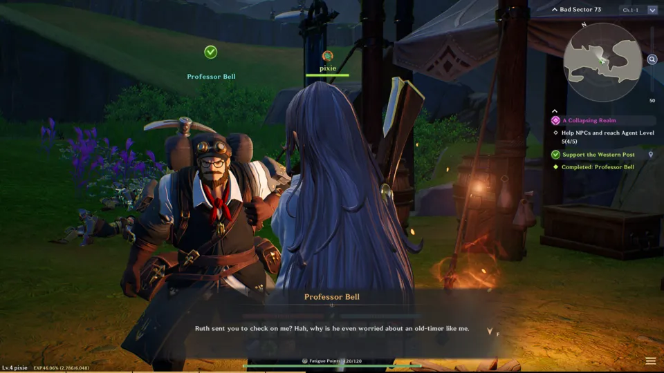 Game screenshot from GSU showing over-shoulder view of brunette elf talking to a hunched-over professor about a quest in a firelit, nighttime grassy environment.
