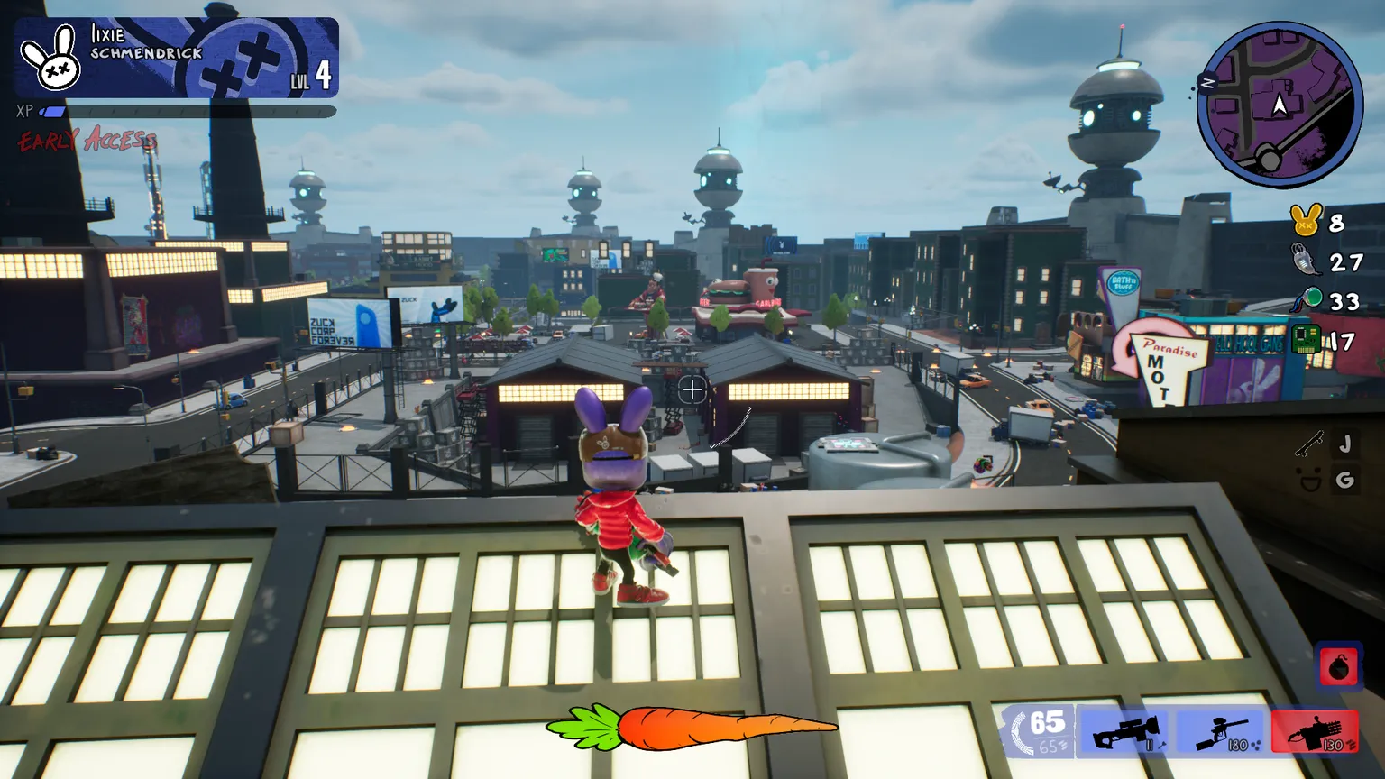 screenshot from My Pet Hooligan game, showing rabbit character standing on a roof looking out over a city.