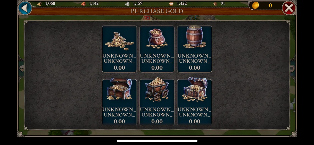 Game screenshot showing chests of gold with an error message below them, showing "unknown" and prices of 0.