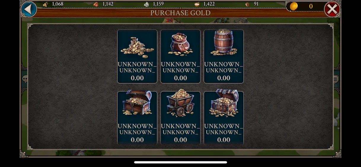 Game screenshot showing chests of gold with an error message below them, showing "unknown" and prices of 0.