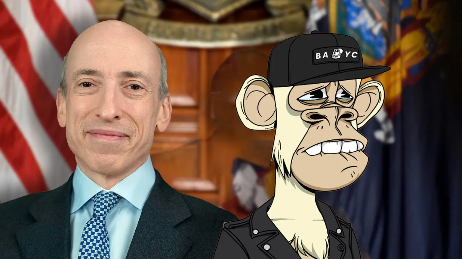 SEC Chair Gary Gensler (left) and a Bored Ape. Image: Decrypt