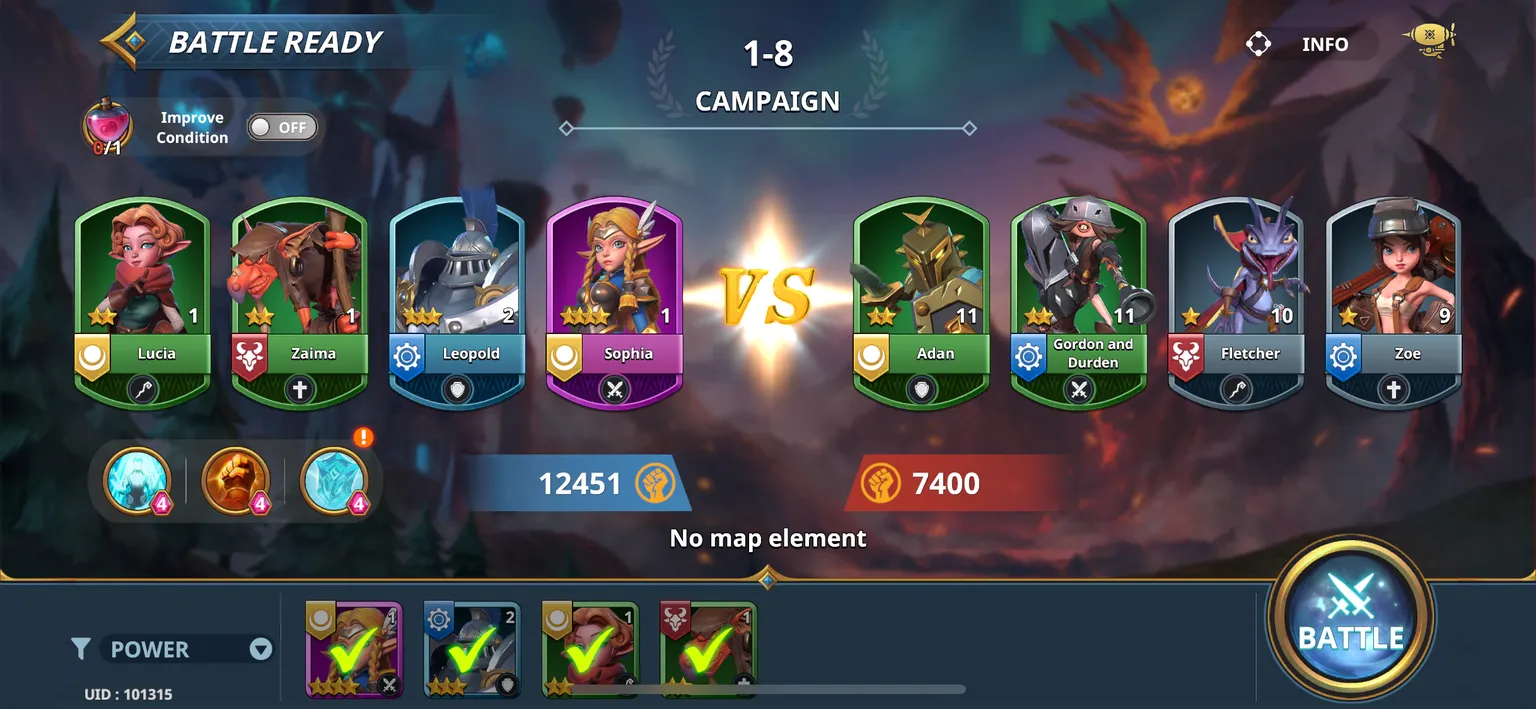 Screenshot showing 4v4 cards for a Champions Arena match before the battle begins.