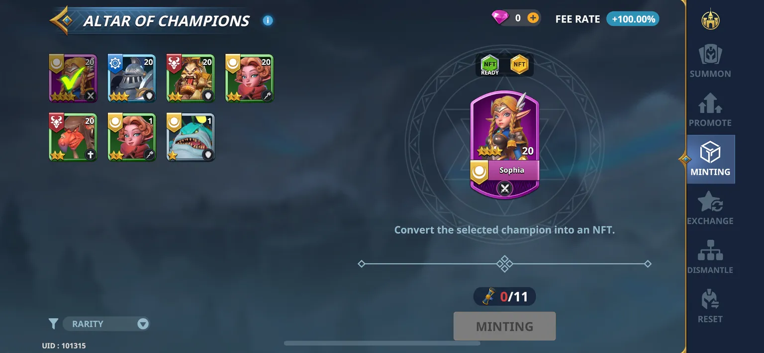 Screenshot of Champions Arena game showing Sophia character can be turned into an NFT by clicking a "minting" button, but the player does not have enough scrolls to mint.