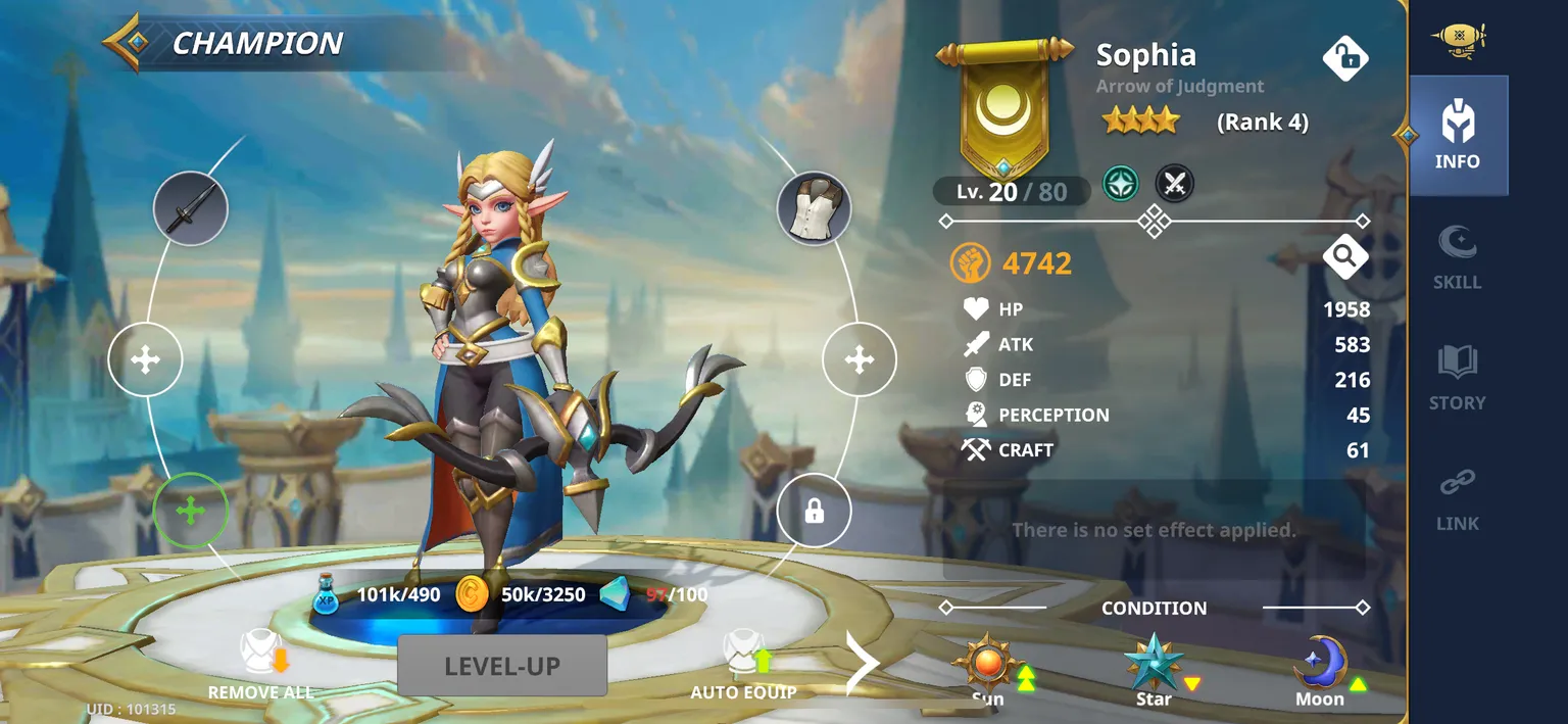Screenshot showing blonde elf with bow and arrow standing on a marble and gold stage with blue castle spires and clouds in the background. We also see Sophia's equipped gear and her stats, showing her as Rank 4 and level 20.