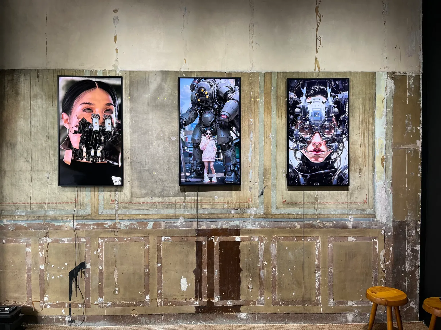Three digital paintings on a wall. 