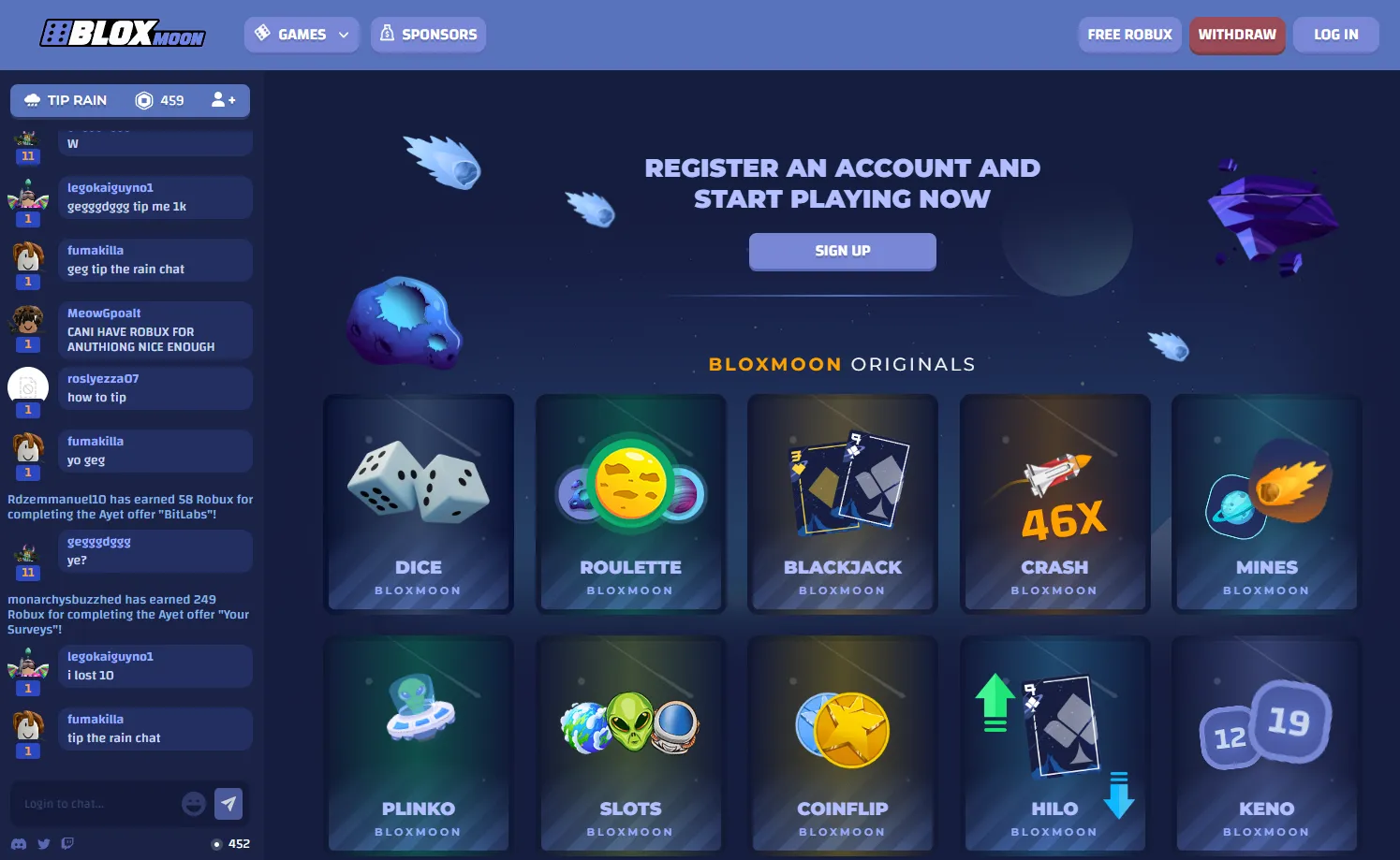 Screenshot showing Bloxmoon.com's website homepage, offering dice, roulette, blackjack, and other forms of gambling.