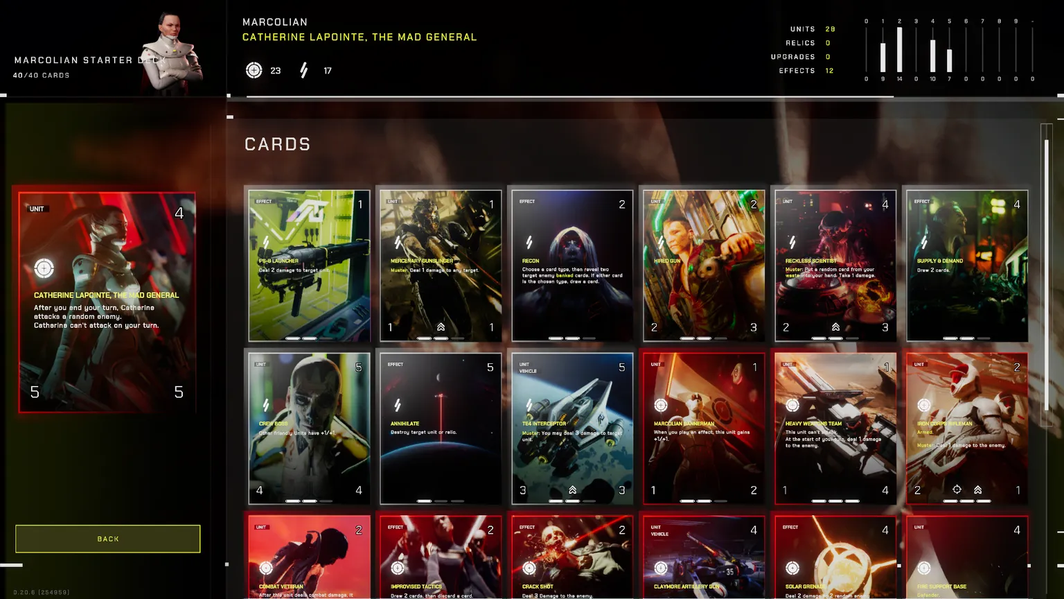 In-game screenshot from Parallel showing 18 different cards plus the Catherine paragon card. Most cards are fire-colored and themed around offensive plays.