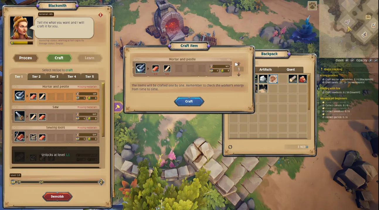 Synergy Land screenshot showing Blacksmith vendor and the costs to craft and process various items.